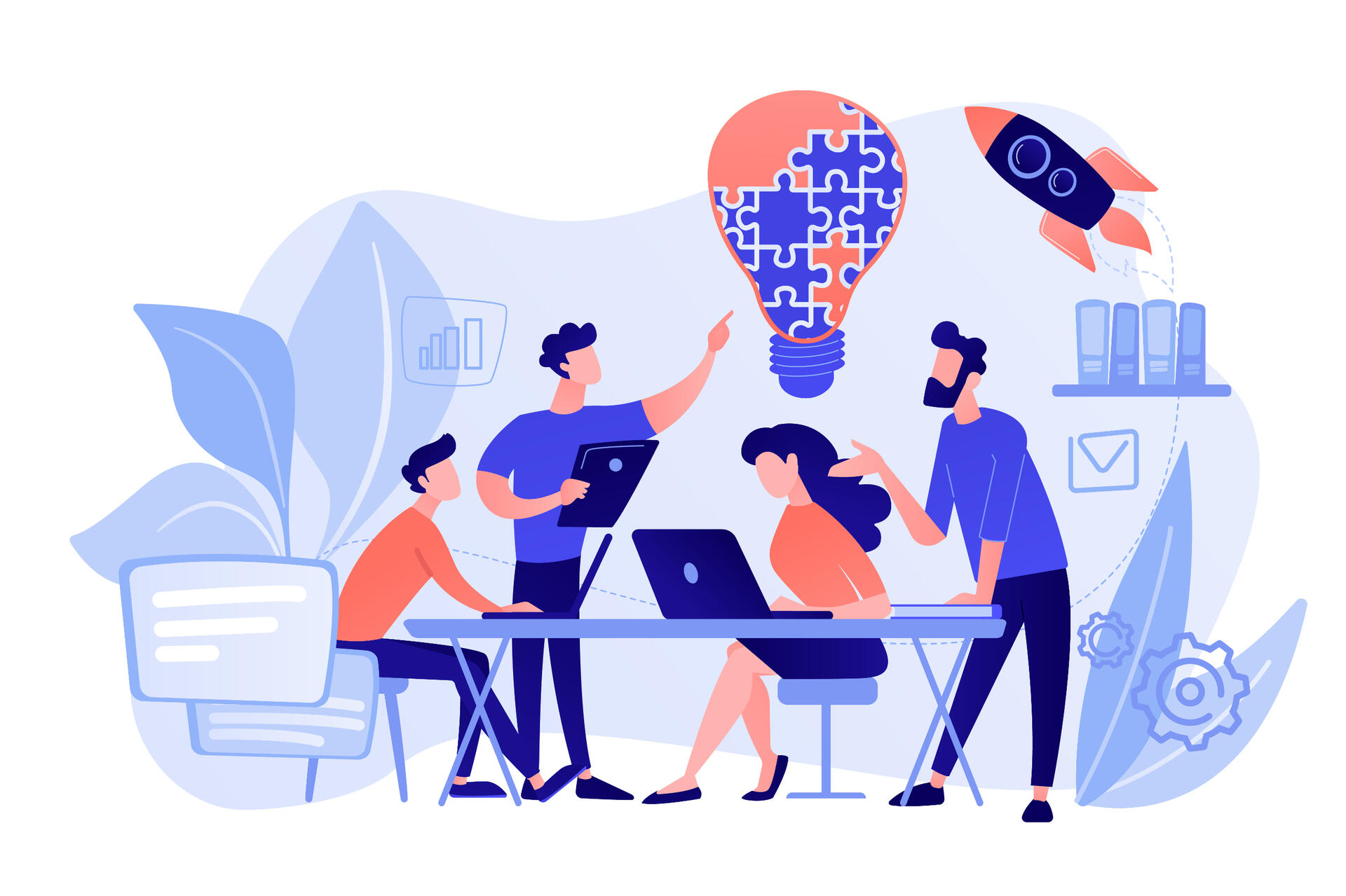 An office of employees working while an automated business runs behind them
